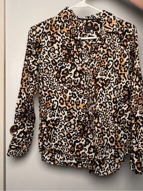 Talbots Leopard Print Long-Sleeve Button-Front Blouse in Tan and Black